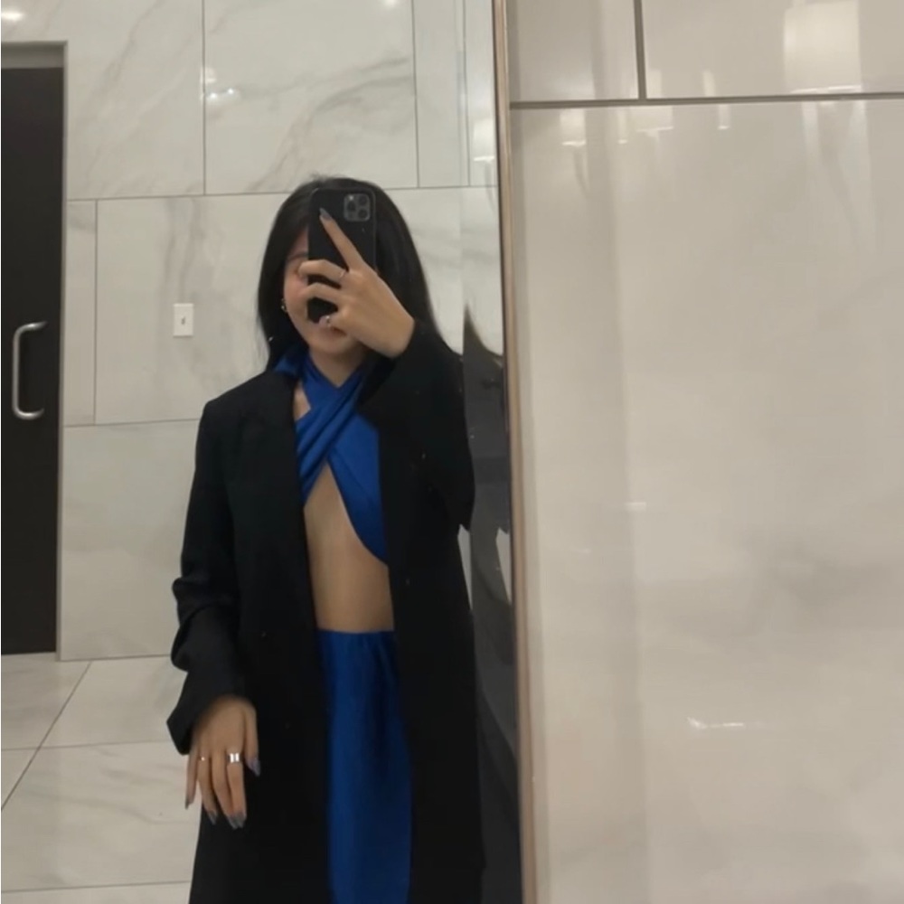 NWT Satin/Silk Cobalt Blue Cross Halter Mini Dress